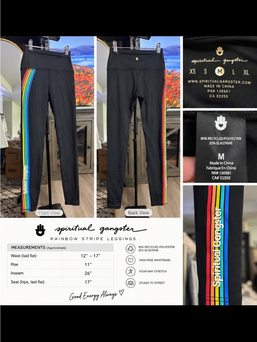Spiritual Gangster Black Leggings with Rainbow Side Stripes